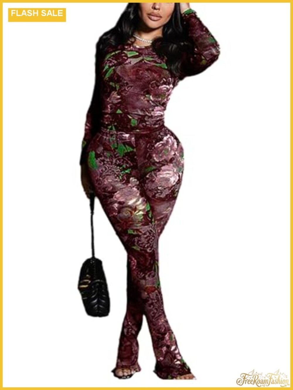 Sexy Two Piece Outfits Mesh Printed Bodycon Flared Pants Sets Club Going Out